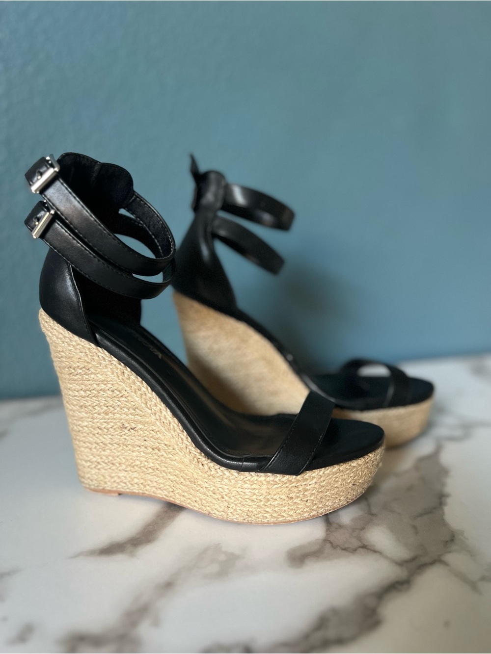 Fashion Nova Black Espadrille Double-Ankle Wedge Sandals